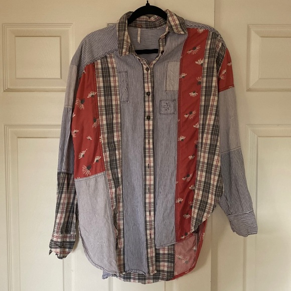 Free People Distressed Patchwork Flannel button down size small - Picture 1 of 5